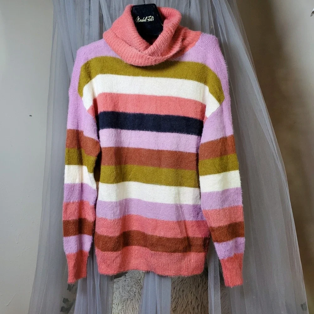 Caslon Chenille Multi Color Rainbow Striped Cowl Neck Sweater Sz S Acadamia NWT‎